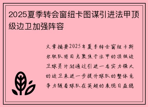 2025夏季转会窗纽卡图谋引进法甲顶级边卫加强阵容